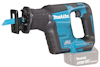 Handhållen blå och svart batteridriven såg med Makita-logotyp och silverfärgad batteriindikering.