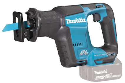 Handhållen blå och svart batteridriven såg med Makita-logotyp och silverfärgad batteriindikering.