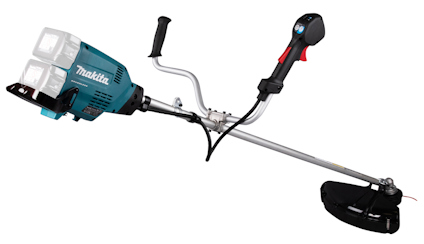 Trimmersnöre med blå motor, två batterifack och handtag med svart grepp.