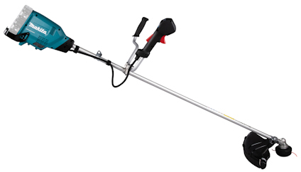En blå och silverfärgad röjsåg/trimmer med två handtag och svart huvud. Märkt "Makita".