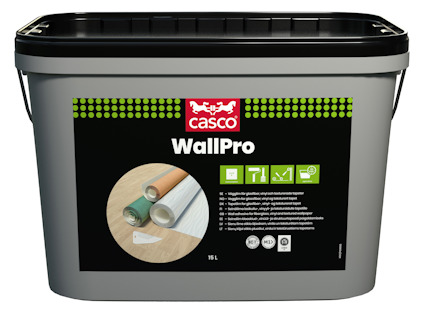 Förpackning av Casco WallPro vägglim, svart etikett med produktinformation.
