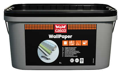 Kaschgrå plastbehållare med svart lock, märkt "Casco Wallpaper".