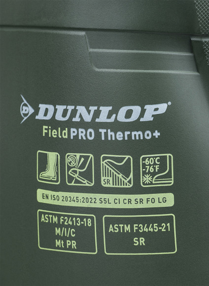 DUNLOP FieldPRO Thermo+ stövel med säkerhets- och komfortsymboler samt standardmärken. Grön färg.