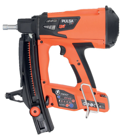 Orange och svart bultpistol med märket "Pulsa 27P". Verktyget har handtag, avtryckare och batteriindikator.