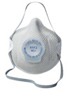 Skyddsmask i vit med FFP3-klassificering, justerbara elastiska band och blå cirkel med text.
