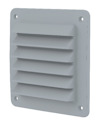 Grå ventilationsgaller med horisontella lameller och fyra monteringshål, en i varje hörn.