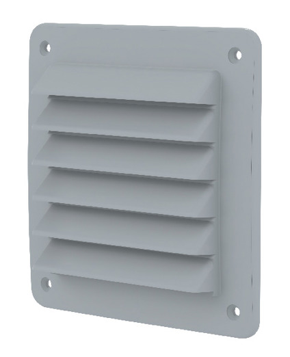 Grå ventilationsgaller med horisontella lameller och fyra monteringshål, en i varje hörn.