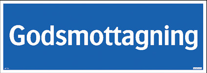 Skylt med texten "Godsmottagning" i vitt på blå bakgrund.