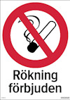 Skylt med röd cirkel och diagonal linje över en cigarett, texten "Rökning förbjuden" under.