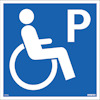 Symbol för handikapparkering med en vit rullstolsikon och bokstaven "P" på blå bakgrund.