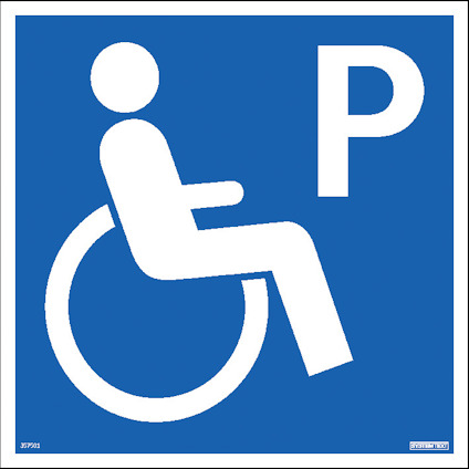 Symbol för handikapparkering med en vit rullstolsikon och bokstaven "P" på blå bakgrund.