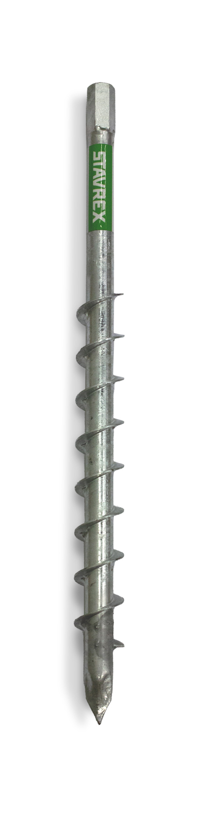 Metalldel med spiralformad design och en spetsig ände. Texten "STAYTEX" är synlig längs sidan.