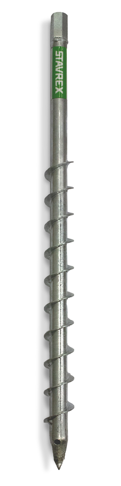 Metallisk skruv med spiralformad gänga och spetsig ände; texten "STAYFLEX" på sidan.