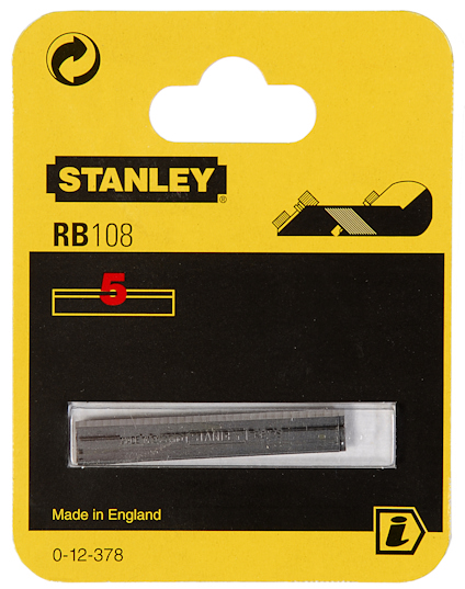 Förpackning av Stanley RB108 med fem rakblad.