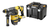 Gul och svart borrhammare märkta "Dewalt" bredvid en svart förvaringslåda med gult handtag.