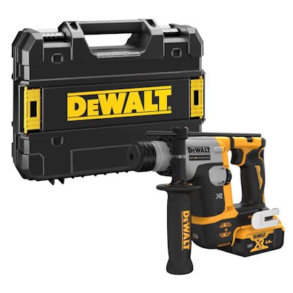 Borrhammare DeWalt DCH172NT-XJ med gul och svart design, SDS-Plus, bredvid en svart skyddslåda med gult DeWalt-emblem.