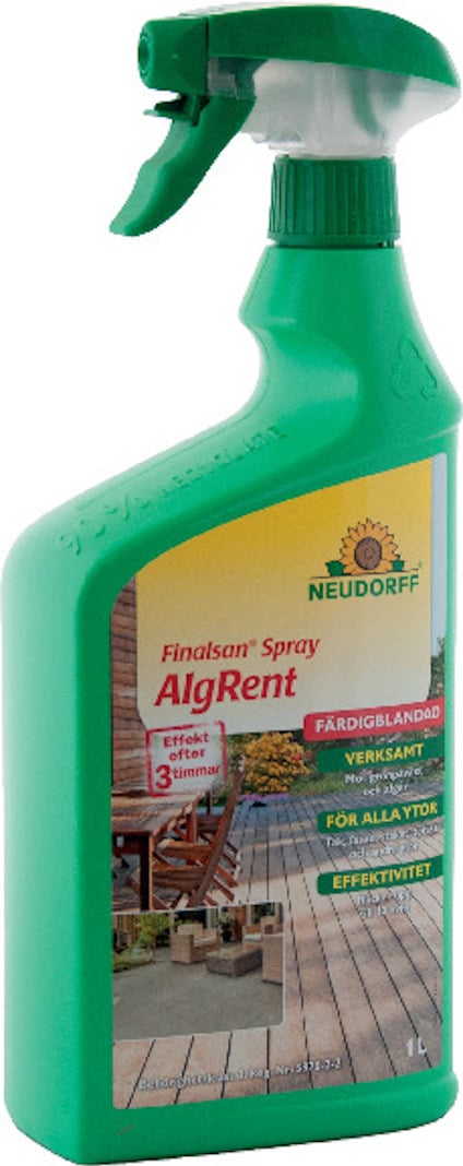 Grön flaska med sprejmunstycke märkt "Neudorff Finalsan Spray AlgRent". Etiketten visar terass och text om effektivitet.