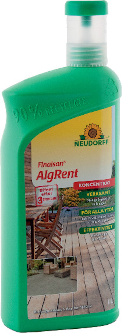 Grön flaska med etiketten "Finalsan AlgRent" och märkningen "90% recycled".