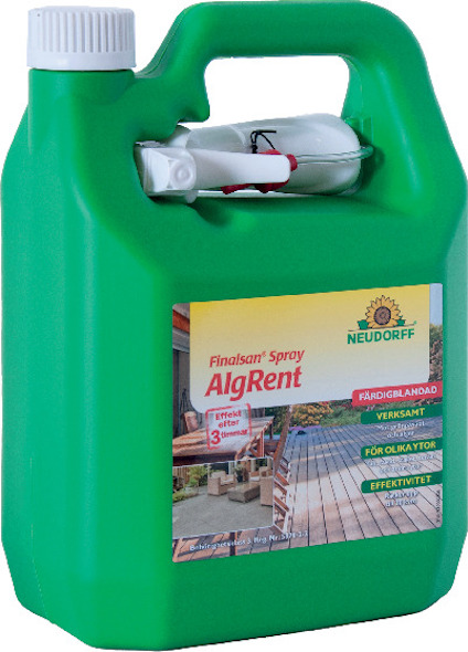 Grön plastdunk med etikett som har texten "Finalsan® Spray AlgRent" och Neudorffs logotyp. Finns bilder av uteplats och terrass.