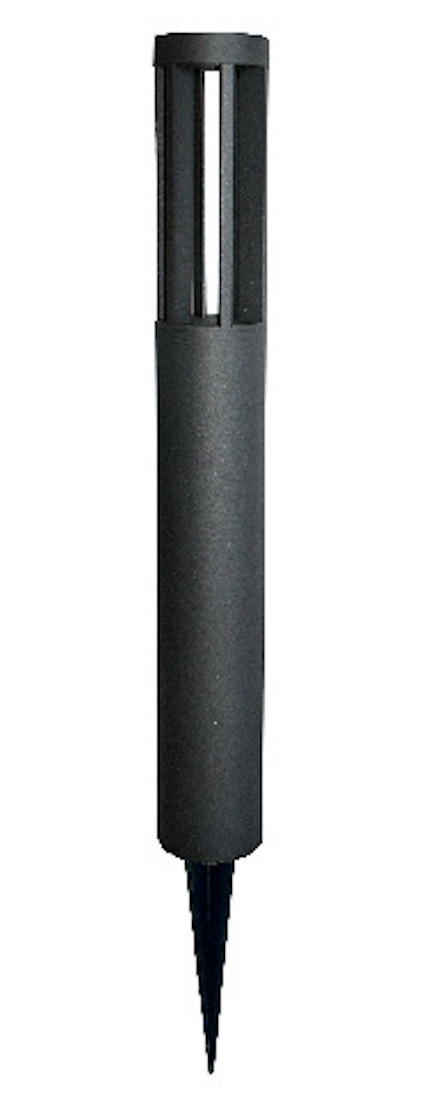 Svart, stående utomhuslampa med smalt cylindriskt skydd och spetsig bas för markfäste.
