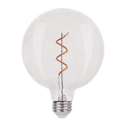 Glödlampa med klart glas och synlig orange spiralformad glödtråd. E27 sockel i silverfärg.