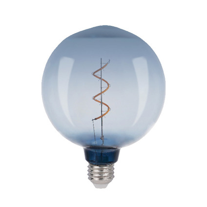 Glödlampa med rökfärgad, globformad glaskupa och spiralformad tråd inuti.