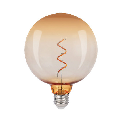 Rund glödlampa med spiralformad glödtråd och E27-sockel, i en varm tonad nyans.