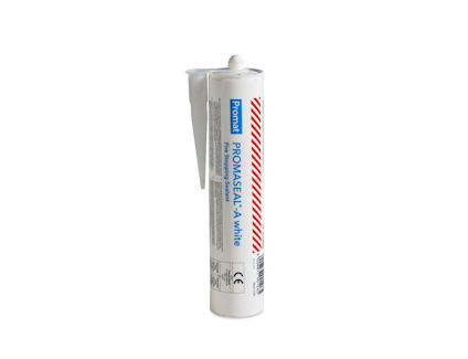 Tub med vit brandtätning, märkt "Promat PROMASEAL-A White", med text och CE-märkning på etiketten.