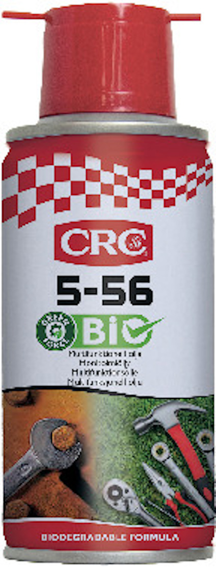 Sprayburk med etikett: CRC 5-56 BIO. Illustration av verktyg, text: "Biodegradable Formula".