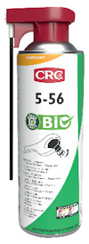 Sprayburk med etikett i grönt och vitt, märkt "CRC 5-56 Bio", med text om smörjegenskaper och logotyper för miljövänlighet.