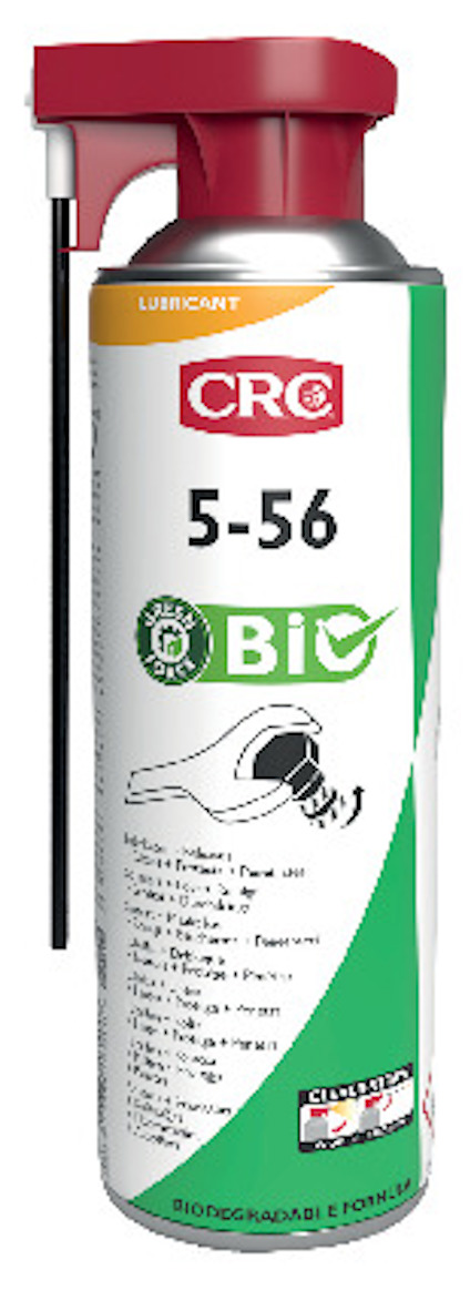 Sprayburk med etikett i grönt och vitt, märkt "CRC 5-56 Bio", med text om smörjegenskaper och logotyper för miljövänlighet.