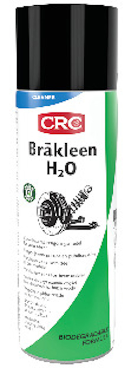 Sprayburk med etikett märkt "CRC Bräkleen H2O", illustration av en bromsdel och texter om produktens miljövänliga egenskaper.