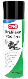 Sprayburk med texten "CRC Bräkleen VOC Free". Grön och vit etikett med bild av bromsdetalj.