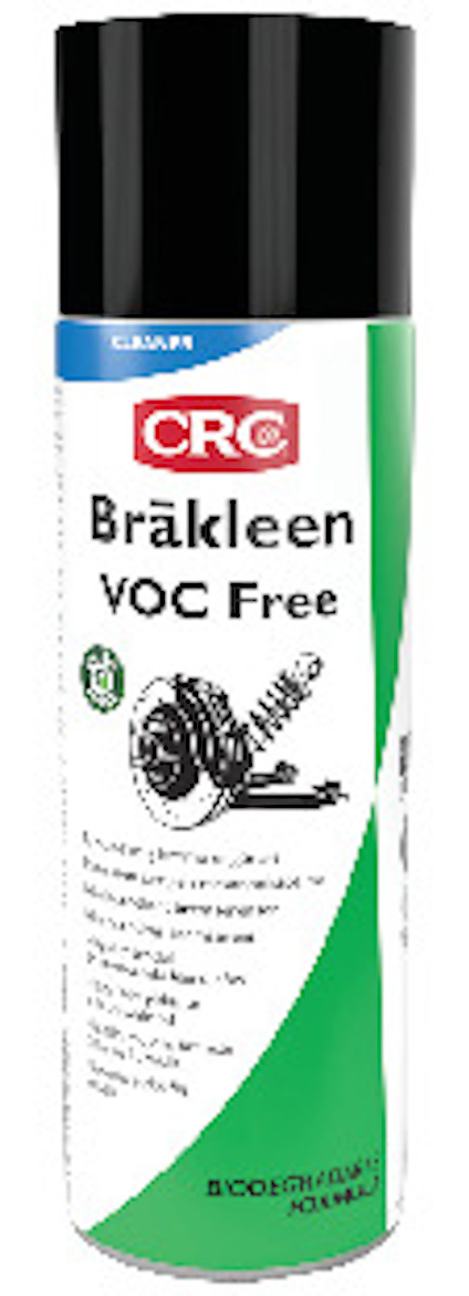 Sprayburk med texten "CRC Bräkleen VOC Free". Grön och vit etikett med bild av bromsdetalj.