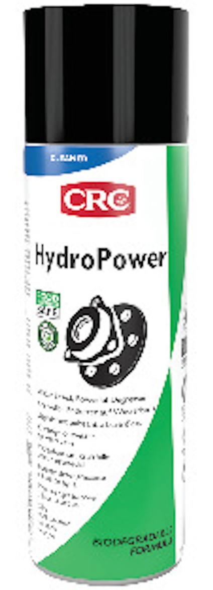 Sprayburk med svart lock och etikett i vitt och grönt med texten "HydroPower", "Food Safe", "Biodegradable Formula".