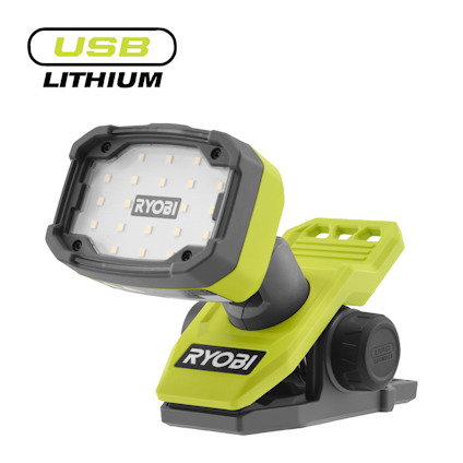 Grön och svart lampa med klämfäste, varumärke RYOBI, med texten "USB LITHIUM".