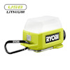 Grön och svart områdeslampa från RYOBI, karbinhake och en vit diffusor på ovansidan. Text "USB LITHIUM".