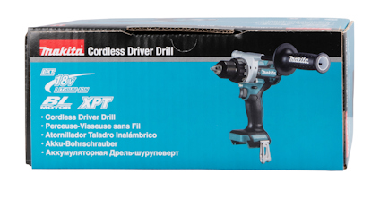 Förpackning för Makita sladdlös borrmaskin, med produktnamn och specifikationer på flera språk.