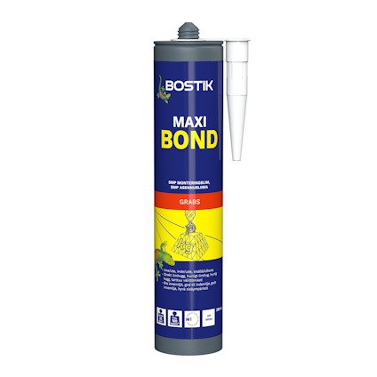 Tub med texten "Bostik Maxi Bond", avsedd för montering, med en spets för applicering.