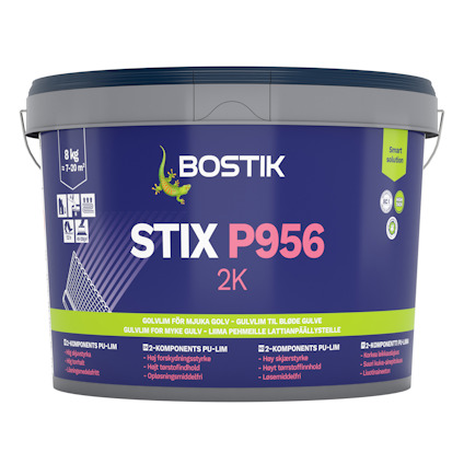 Förpackning av Bostik STIX P956 2K golvlim, 8 kg, med detaljerad etikett och logotyp.