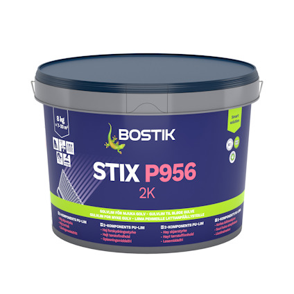 Blå hink med Bostik STIX P956 2K golvlim, 8 kg. Text på förpackningen: "Smart Adhesives".