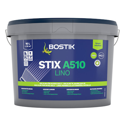 Förpackning av Bostik STIX A510 LINO golvlim, 10 liter, med olika piktogram och grön text.