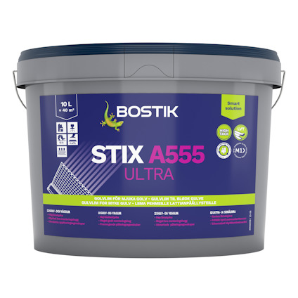 Förpackning av Bostik STIX A555 ULTRA golvlim, 10 liter, med etikett och logotyp på framsidan.