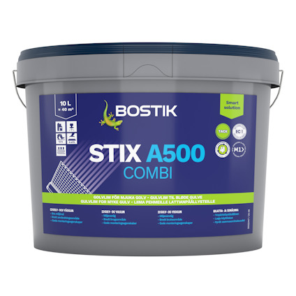 Hink med blått lock märkt "Bostik STIX A500 COMBI", innehåll 10L golvlim för mjuka golv, med olika certifieringssymboler.