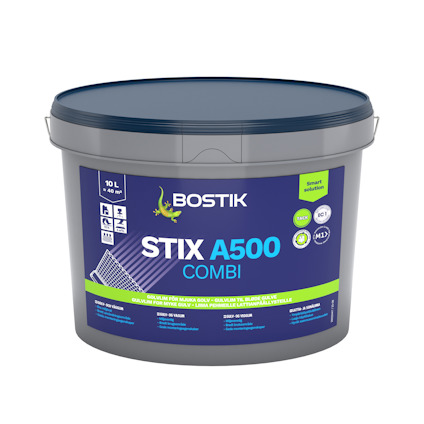 Hink med etiketttexten "Bostik Stix A500 Combi", 10 liter, illustration av golvnivelleringsprodukter, blå lock.