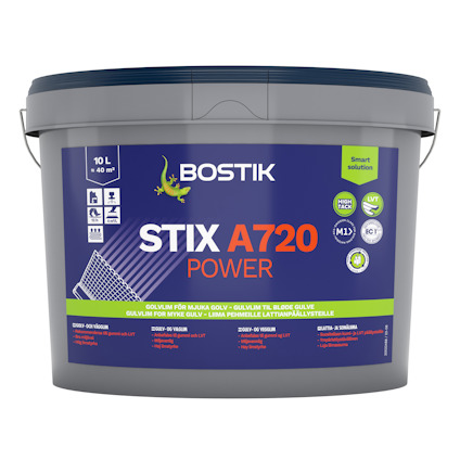 Hink med etikett "Bostik STIX A720 POWER" och grafiska symboler ovanför blå och röd text.