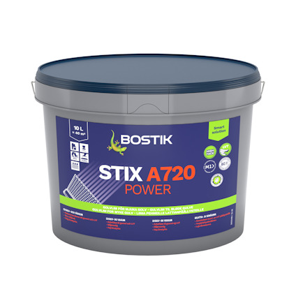 En hink med texten "Bostik Stix A720 Power", volym 10L, för golvlimning.