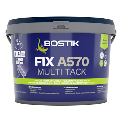 Hink med etikett "Bostik FIX A570 MULTI TACK", grå lock och handtag, kapacitet 10L.