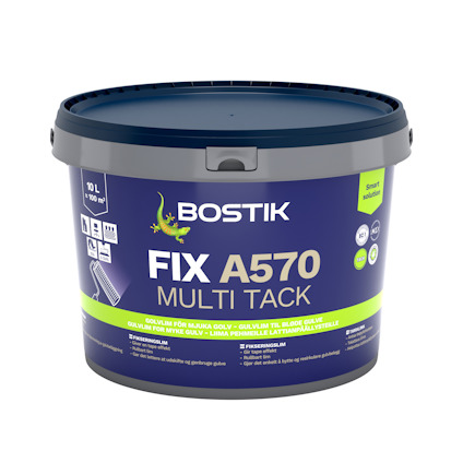 Hink med Bostik Fix A570 Multi Tack lim, 10 liter, med blå och grön etikett.