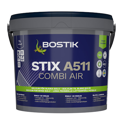 Förpackning med etiketten "Bostik STIX A511 COMBI AIR", innehåll 1 L, olika symboler och text på flera språk.